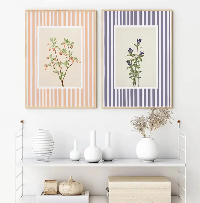 Toile de fond rayé de fleur botanique de tournesol de lys bleu, peinture murale imprimée, affiche d'art, décoration de salon moderne pour la maison