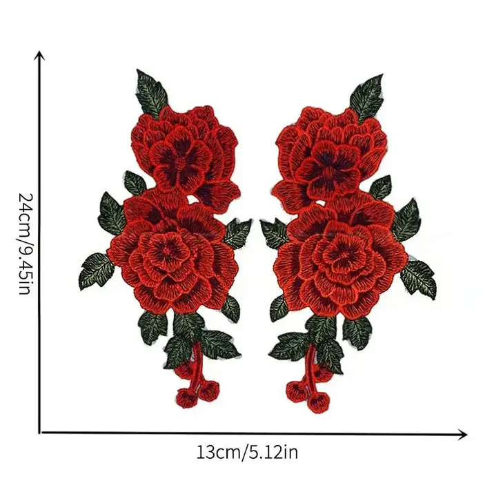 Patch brodé de fleurs 3D 24x13CM Rouge Élégant Applique pour Robes Décoration Couture DIY Artisanat 