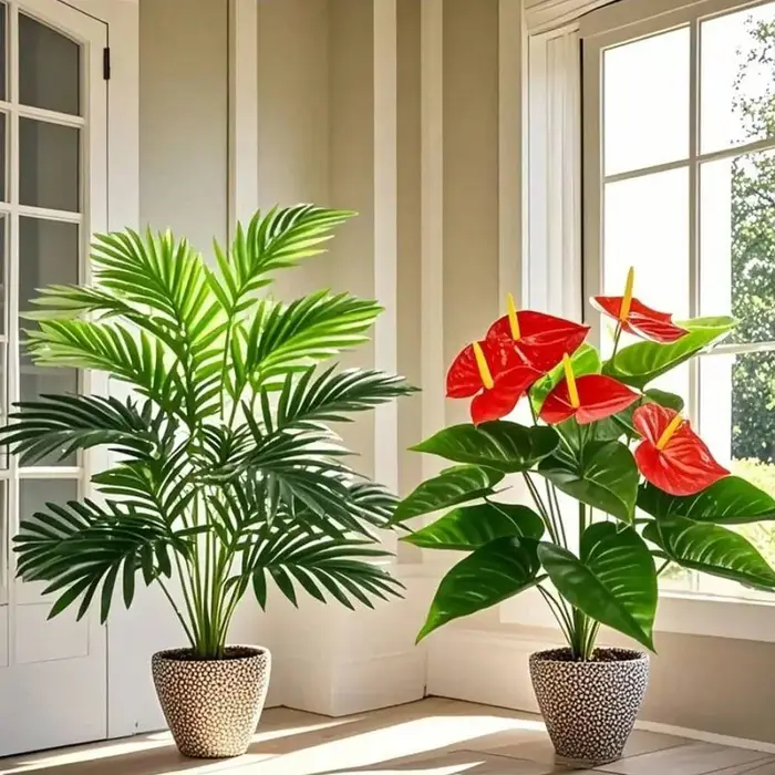 Grands plantes de palmier artificielles et feuilles de Cycads vertes Anthurium