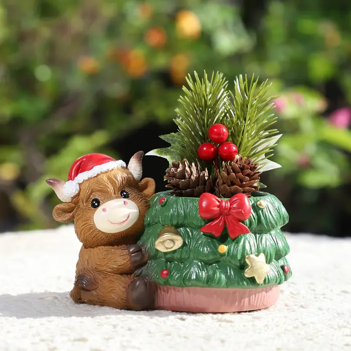 Pot de fleurs en résine en forme de vache des Highlands de Noël pour plantes succulentes, mini ornement de bureau, décoration de jardin féerique