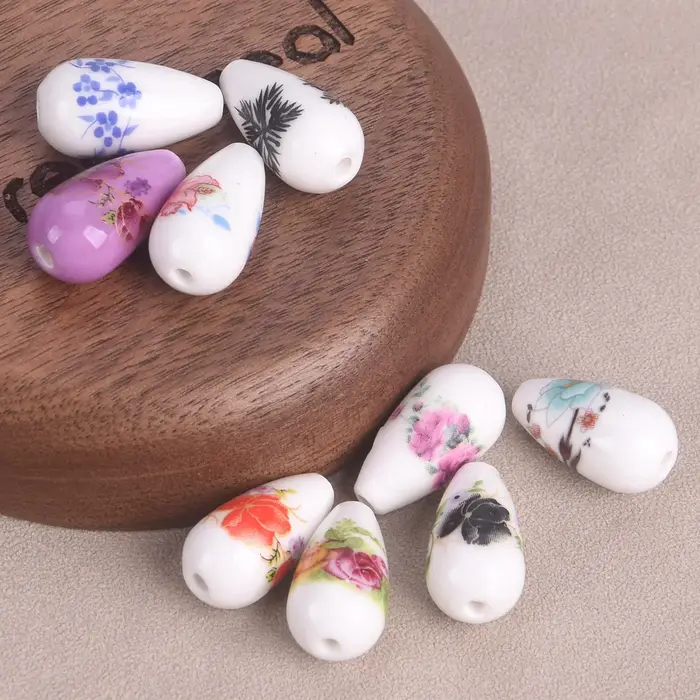 Perles en céramique et porcelaine en forme de goutte d'eau, motifs floraux, 20x10mm, 10 pièces, pour