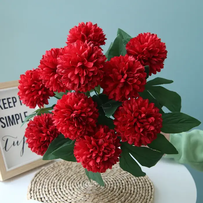 Fausse fleur artificielle en soie d'aloès vert, 10 têtes avec boule de feuille, Bouquet de chrysanth