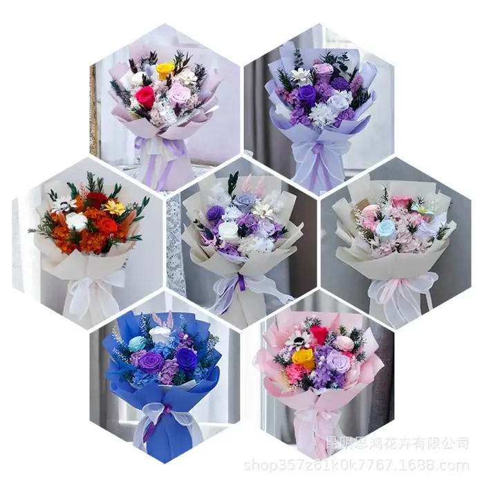 Coffret cadeau romantique en bouquet de roses et d'hortensia conservés – Fleurs éternelles durables faites à la main