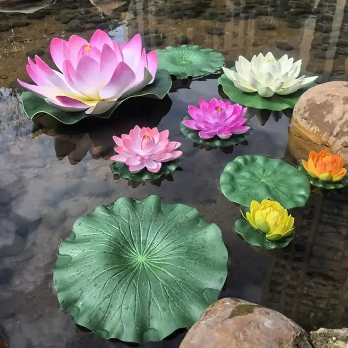 Fleurs de lotus artificielles flottantes décoratives avec feuilles