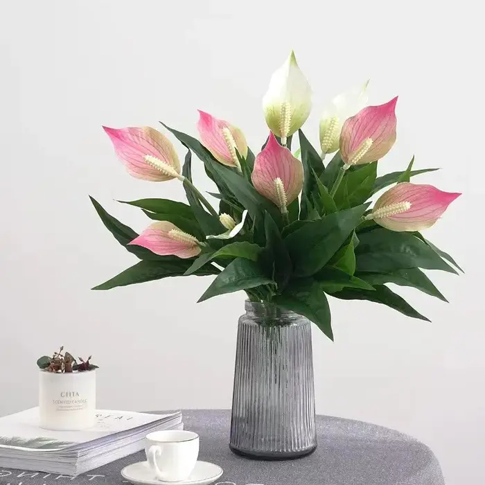 Yannew 4 pièces fleurs artificielles Spathiphyllum pour l'extérieur plantes en soie résistantes aux UV verdure bonsaï jardin porche décoration de la maison