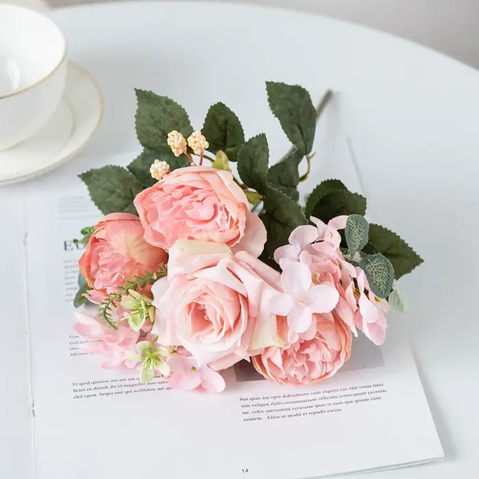 Fleurs Artificielles en Soie Hydrangea Rose pour Mariage Jardin Cour Bouquet de Mariée Décoration de