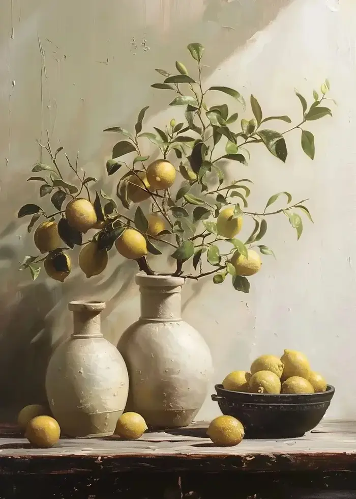 Vintage citron olive plantes dans Vase imprime nature morte affiche mur Art toile peinture botanique