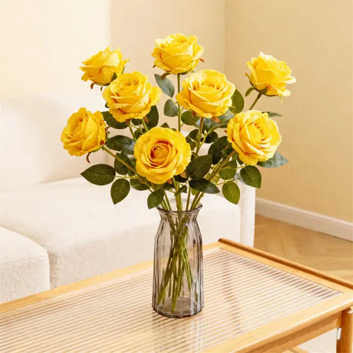 Rose artificielle jaune en soie à longue tige pour la décoration de la maison