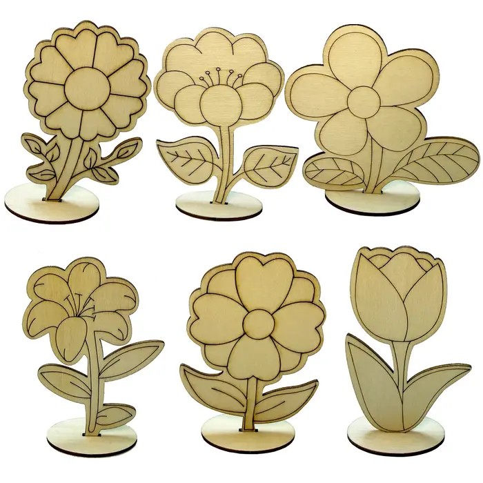 Lot de 6 pièces/1 ensemble de fleurs en bois à peindre soi-même