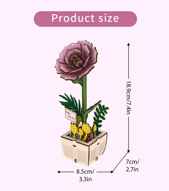 Fleur de pivoine en bois, plante de Pot de fleur en bois assemblée, adaptée à l'arrangement de décoration de la maison, cadeau de vacances du nouvel an 1 pièce