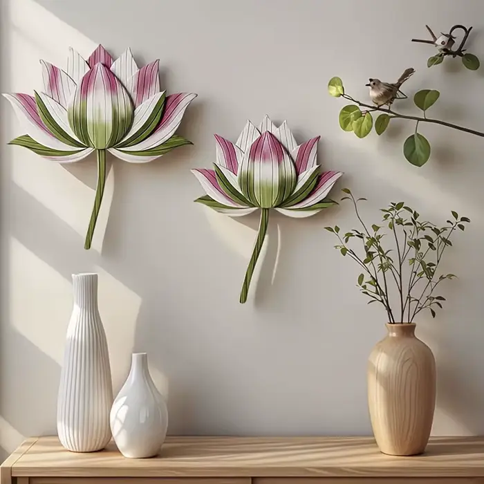 2 pièces Décoration murale en bois de fleur de lotus naturelle