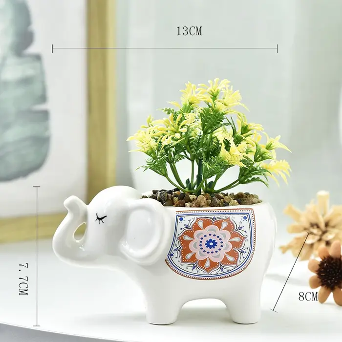 Pot de fleurs créatif en céramique en forme d'éléphant pour plantes succulentes avec trou de drainage