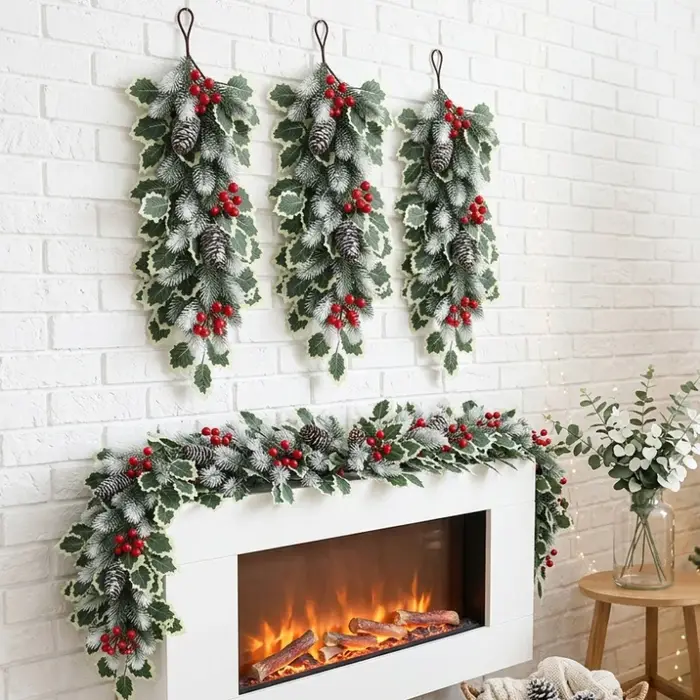 4 plantes artificielles, poinsettia, branche de pin, baies, décoration murale pour la maison et le jardin, décoration de Noël, plante verte artificielle.