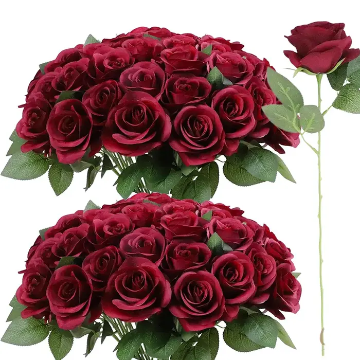 52 roses bordeaux artificielles, fleurs en soie de 3,5 pouces, grandes roses avec tiges pour bouquet