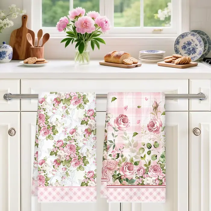 Lot de 2 torchons de cuisine roses à motifs floraux printaniers