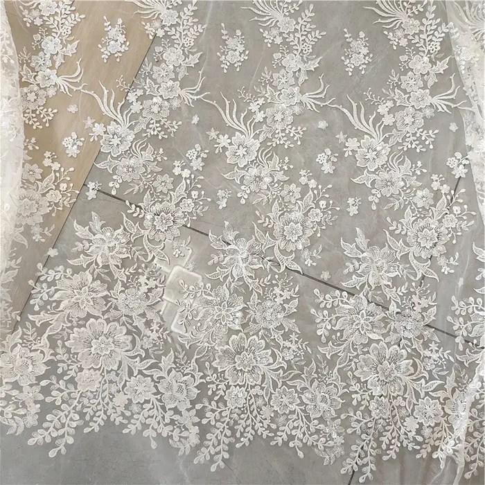 Tissu en Dentelle Florale pour Patients, Broderie avec Paillettes, au Mètre, pour Robe de Mariage