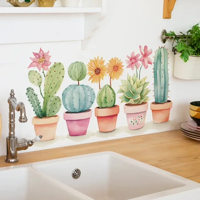 1 pièces dessin animé plante verte Cactus maison chambre salon fond décoration embellir pâte murale auto-adhésive