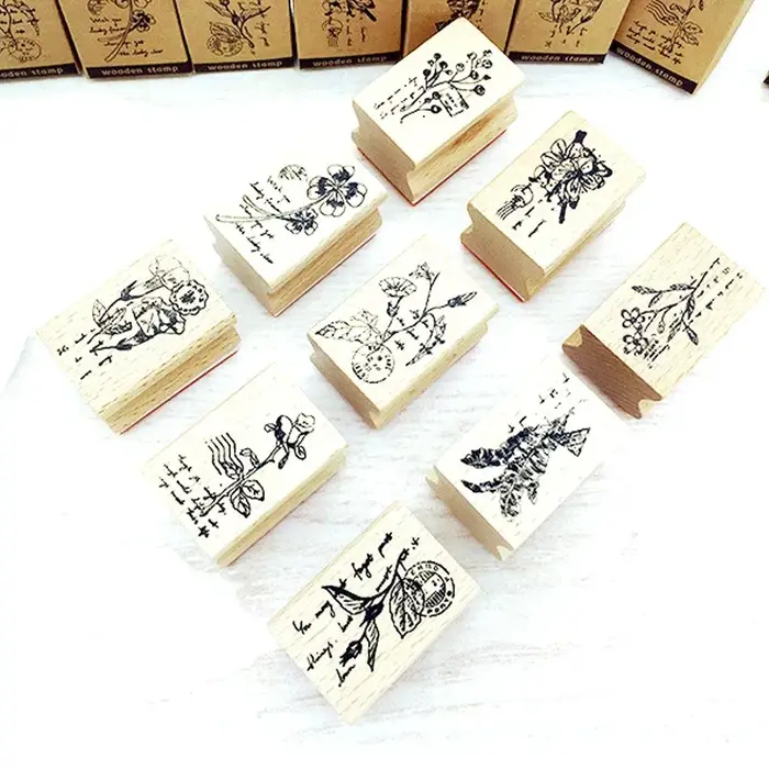 Tampons en bois DIY, motifs plantes et fleurs
