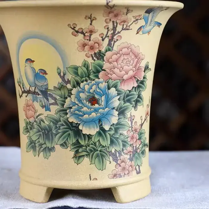 Cascadepot Cybidium Orchidée Plante Bonsaï Pot, Vase à Fleurs, Pivoine Traditionnelle Chinoise Motif Paon, Décoration de Jardin
