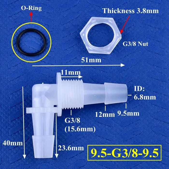 Connecteur coudé pagode PP M6 ~ G1/2 à 2.4-11.1mm + écrou joint torique adaptateur de réservoir d'aquarium d'irrigation