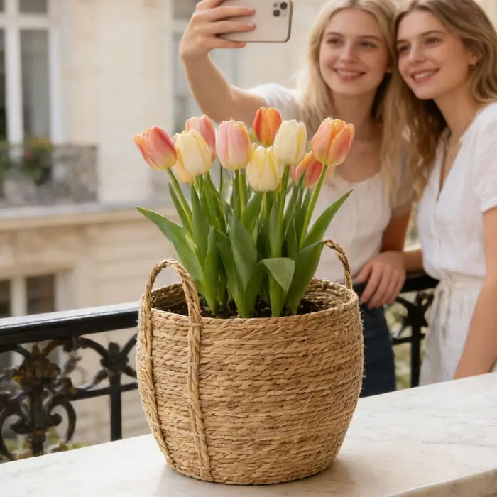 Panier rond en osier avec poignées pour plantes d'intérieur et d'extérieur