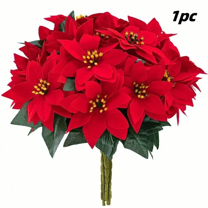 4 pièces de fleurs artificielles de poinsettia, 7 têtes de poinsettia en velours, 13,4 pouces, fleurs de Noël artificielles, poinsettia artificiel