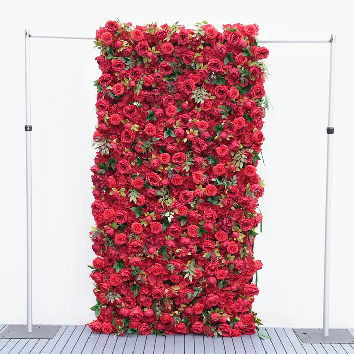 A8937 Rose rouge pivoine feuilles vertes 5D enroulable tissu Base fleur décoration murale mariage toile de fond Arrangement Floral fournitures de Banquet