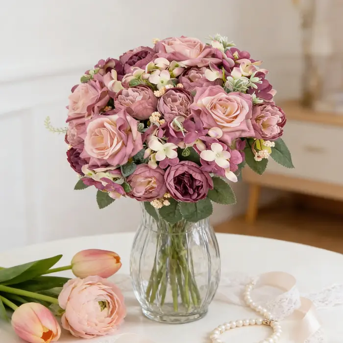 Fleurs Artificielles en Soie Hydrangea Rose pour Mariage Jardin Cour Bouquet de Mariée Décoration de Festival Vase Maison Chambre Table Élégant Cadeaux DIY