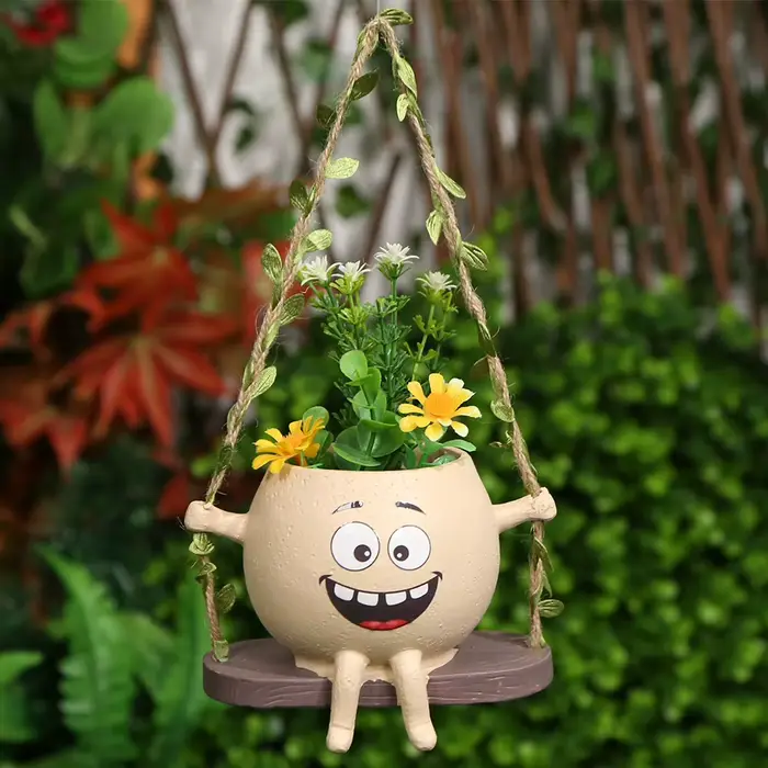 Jardinière de visage de sourire de chaise/balançoire, jardinières de tête mignonnes suspendues en ré