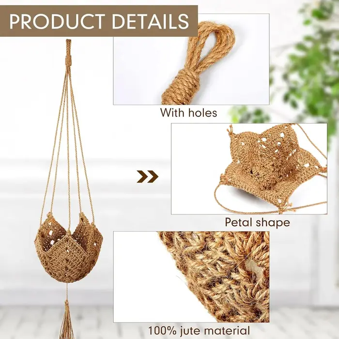 Support de plante en macramé long en jute pour pots de 3 à 12 pouces avec crochets en forme de S pour la décoration de la maison (marron)