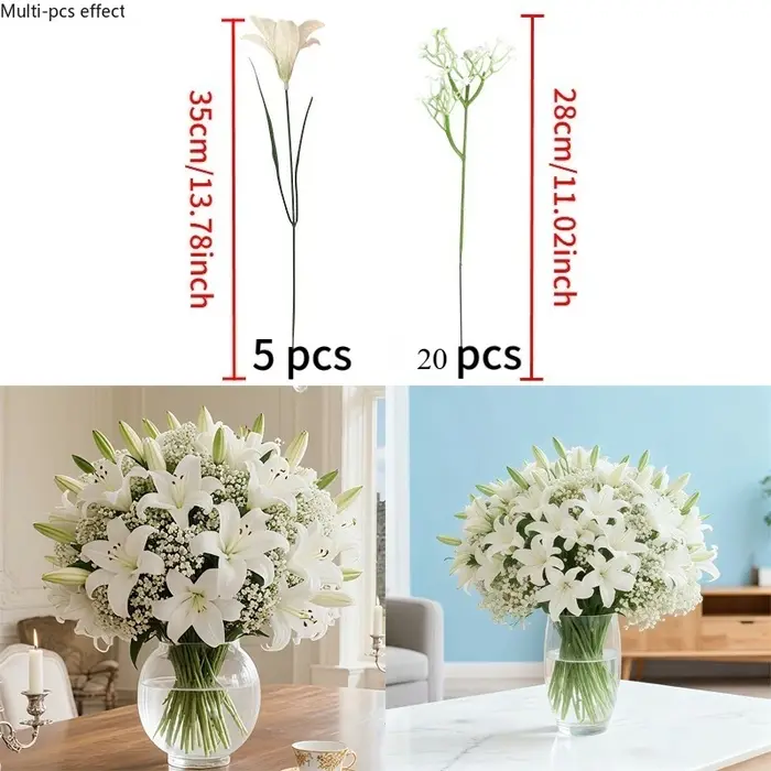 Bouquet de 25 lys artificiels avec gypsophile, lys blancs réalistes, adaptés aux arrangements de mar