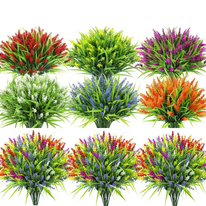 12 paquets d'herbe de lavande et de singe artificielle-arbustes verts en plastique résistant aux UV pour la décoration extérieure de jardin de maison