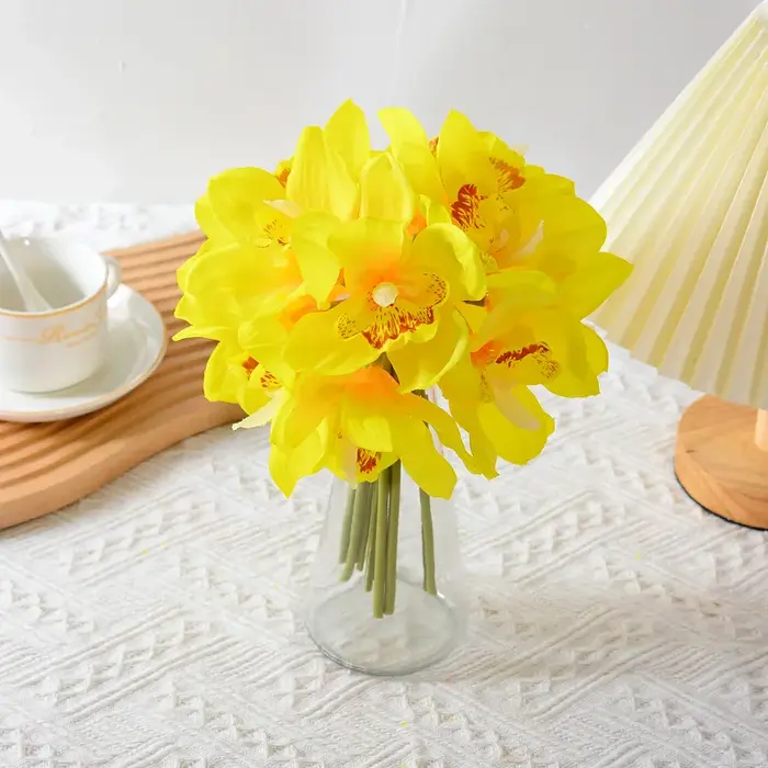 YO CHO Bouquet de fleurs d'orchidées artificielles 6 têtes en Latex Real Touch Cymbidium Flower DIY