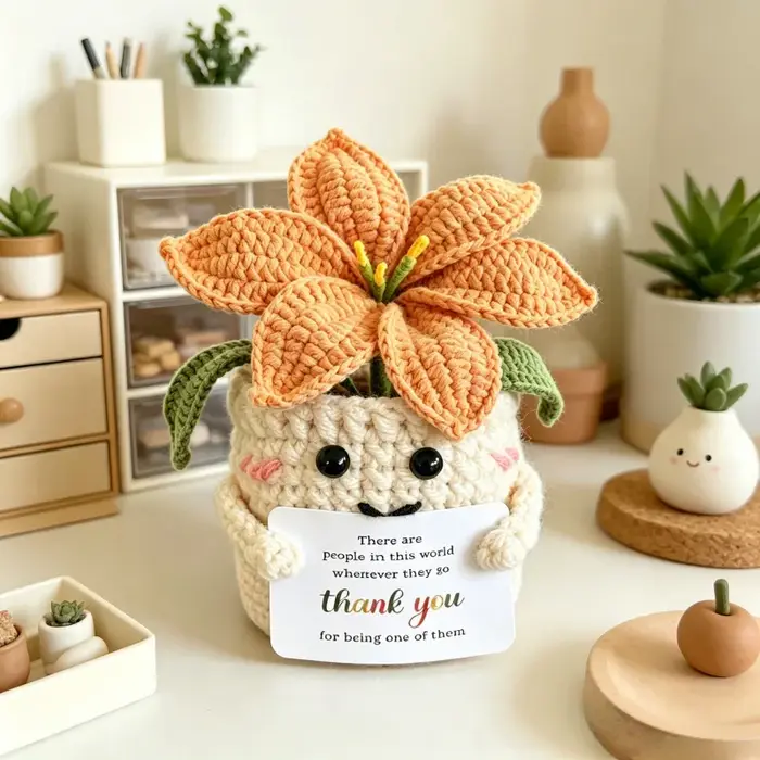 Plante en pot de lys tricotée à la main, pot de fleurs au crochet, ornement de bureau, décoration florale tissée finie pour la maison, le bureau ou comme cadeau