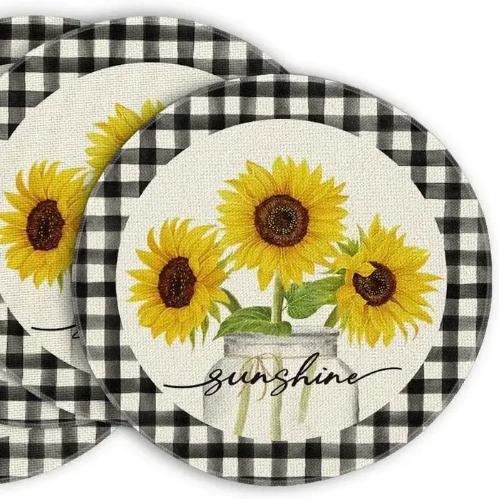Buffalo Plaid tournesol soleil Vase rond été napperons ensemble de 4, 14 pouces printemps automne ta