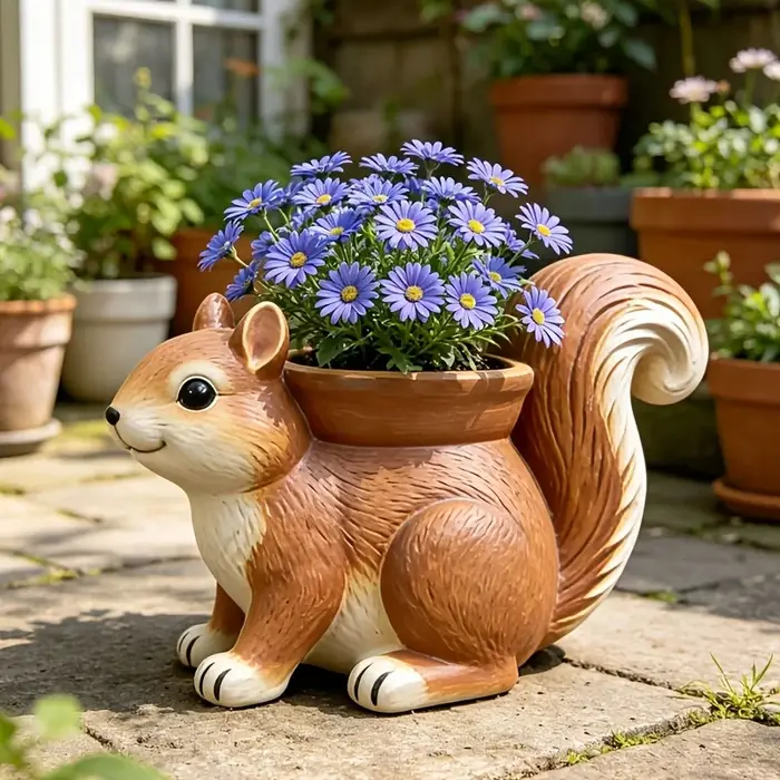 Joli pot de fleurs en résine en forme d'écureuil, sculpture animale synthétique, décoration rurale, pour jardin extérieur, balcon, plantes vertes