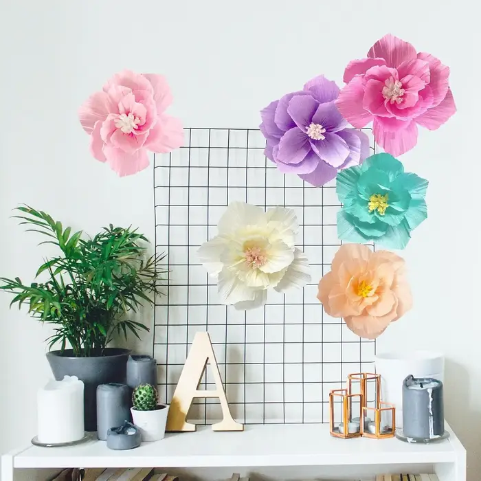6 pièces fleurs en papier rose violet ivoire bleu clair Pastel crêpe artificielle tissu mur décor à la maison mariage anniversaire mariée bébé