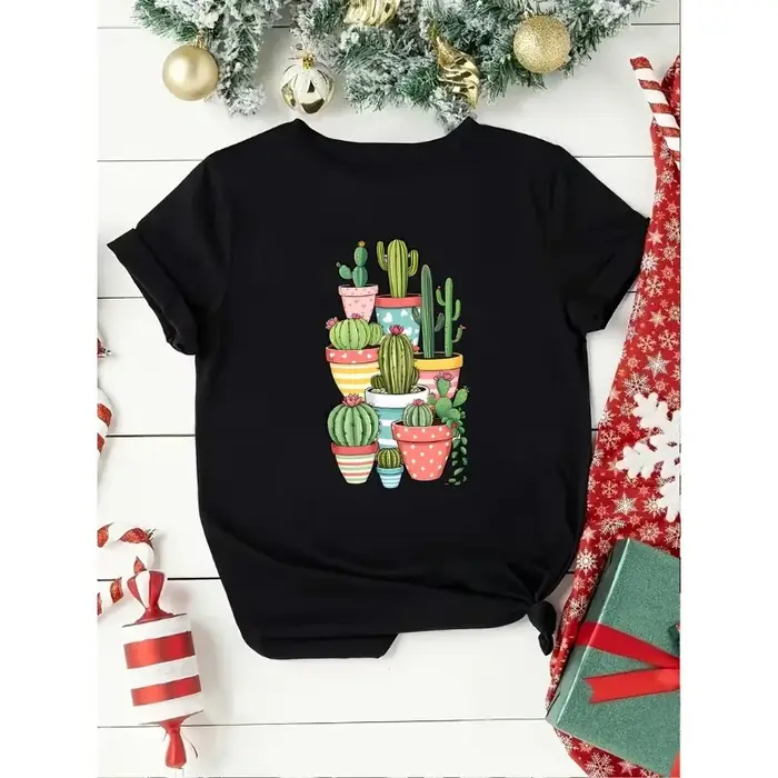 T-shirt à motif de plantes pour femme