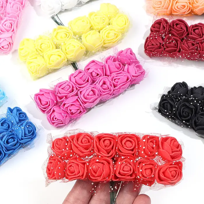 144-288 pièces 1.7cm Mini dentelle PE Rose mousse têtes de fleurs Bouquet pour mariage décoration de la maison
