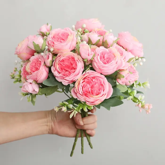 Vente chaude 1 pièces/30 cm Rose Bouquet de soie pivoine fleur artificielle 5 grosse tête 4 petit bourgeon mariée mariage décoration de la maison Artifi