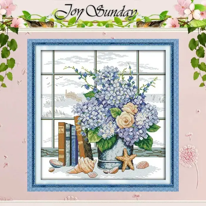 Ensemble de points de croix comptés à motifs de fleurs bleues élégantes, bricolage 11CT 14CT 16CT es