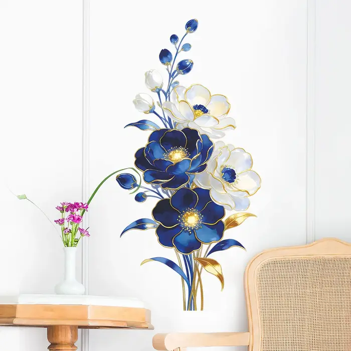 Autocollants muraux décoratifs floraux bleus en relief de style français pour la décoration de la maison
