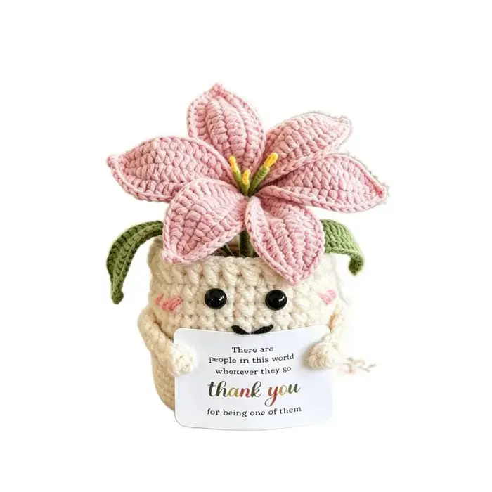 Plante en pot de lys tricotée à la main, pot de fleurs au crochet, ornement de bureau, décoration florale tissée finie pour la maison, le bureau ou comme cadeau