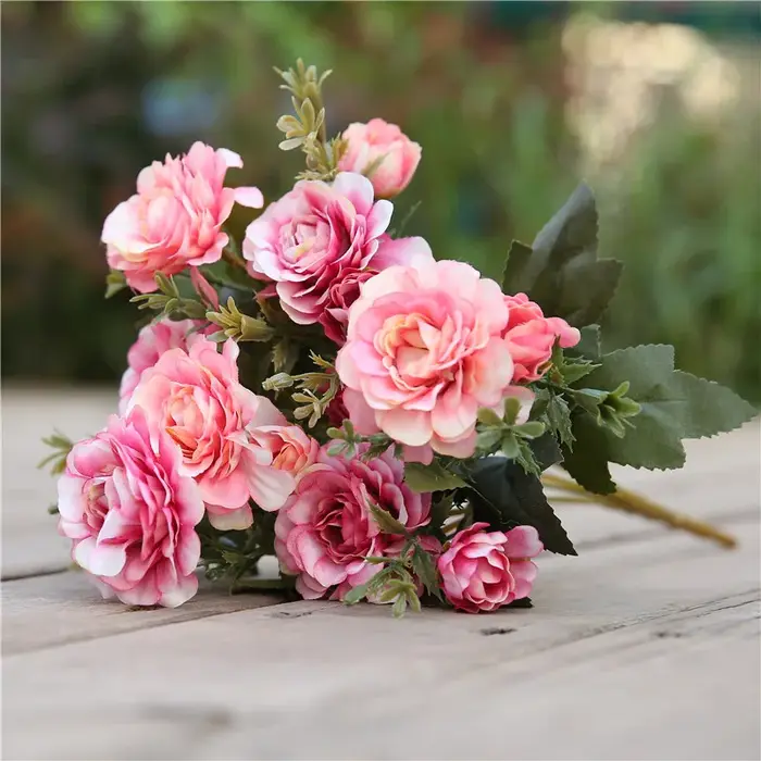 1 Bouquet de roses thé pivoines artificielles, 14 têtes, fausses fleurs camélia en soie, pour bricol