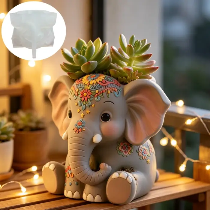Moule en silicone pour pot de fleurs en résine, motif éléphant accroupi et plante succulente, boîte de rangement éléphant en relief floral, moule en gypse pour bougie