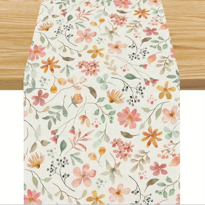 Chemin de table en lin à motif floral printanier - Décoration florale pour cuisine et salle à manger