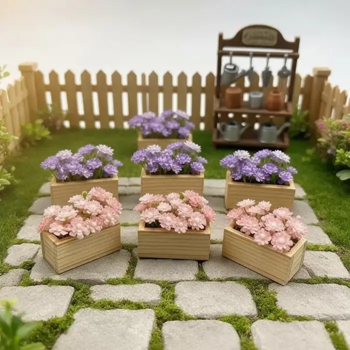 Fleur artificielle miniature en pot dans une boîte en bois, plante réaliste pour la décoration de bureau et d'étagère