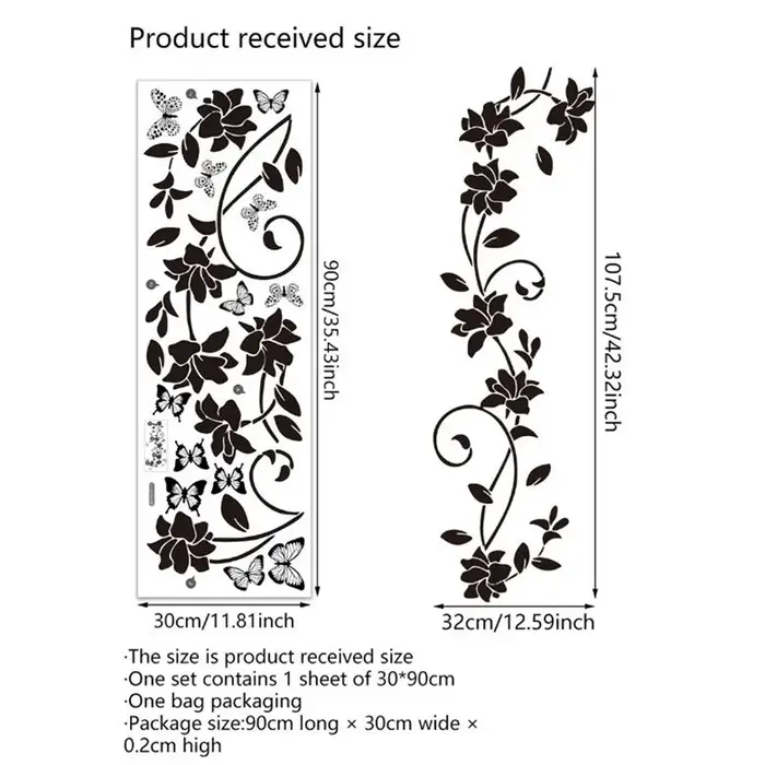 Autocollant mural papillon fleur noir, auto-adhésif, pour porte de salle de bain, porte en verre, ba