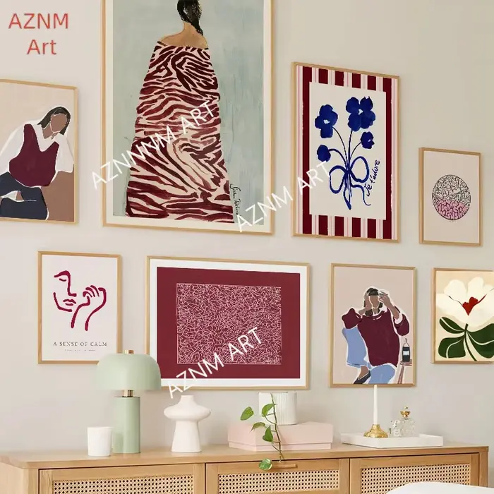 Affiches et impressions abstraites de visage de fille à rayures rouges et à fleurs