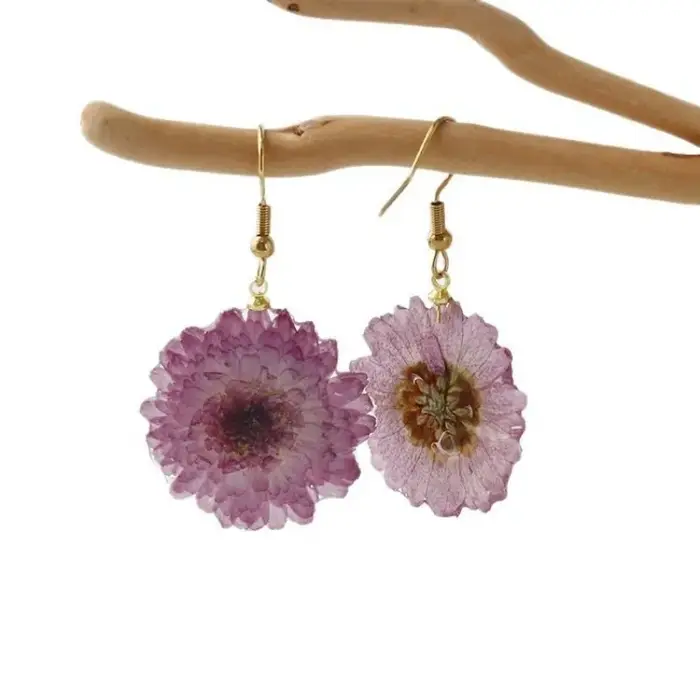 Boucles d'oreilles élégantes en fleurs séchées, faites à la main en résine époxy, bijoux uniques en fleurs naturelles, accessoires personnalisés en gros